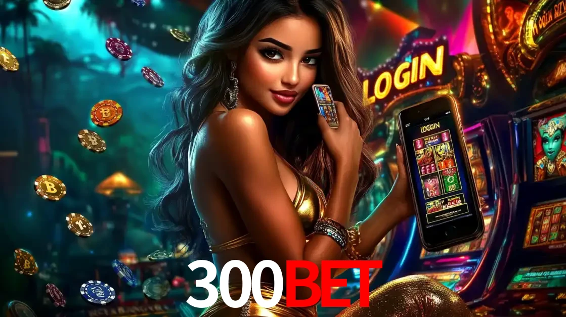 Mulher em um cenário de cassino temático de aventura, mostrando o app de caça-níqueis da 300BET no celular. Fichas de apostas flutuam ao redor.
