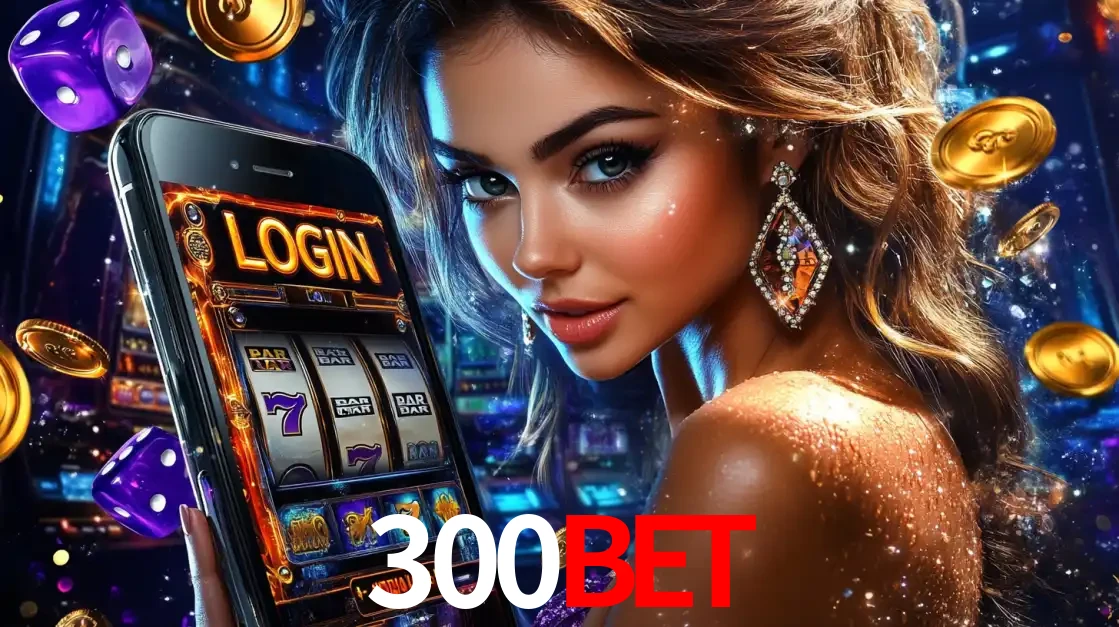 Mulher glamorosa segurando um smartphone com a tela de login para os jogos de caça-níqueis do cassino online 300BET, com moedas de ouro e dados ao redor.